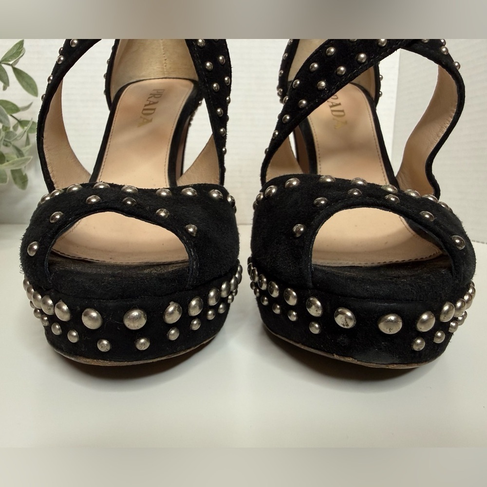 Prada Black Suede Studded Cross Strap Platform Pumps Size 35 Luxury Italian Glam - Picture 14 of 17
